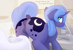 Size: 3100x2160 | Tagged: explicit, artist:not_texmex, princess luna, alicorn, alternate version, anatomically correct, anus, ass up, bathroom, blushing, butt, crotchboobs, cute, cute porn, derpibooru exclusive, dialogue, dock, embarrassed, female, fetish, filly, filly luna, floppy ears, foal, foalcon, g4, high res, imported from derpibooru, looking at you, looking back, looking back at you, looking pleasured, nipples, nudity, open mouth, pissing, plot, ponut, pony, potty, potty training, puckered asshole, raised tail, simple background, solo, solo female, tail, tail aside, teats, toilet, training potty, urine, vulva, watersports, woona, younger