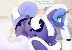 Size: 3100x2160 | Tagged: explicit, artist:not_texmex, princess luna, alicorn, alternate version, anatomically correct, anus, ass up, bathroom, blushing, butt, crotchboobs, cute, cute porn, derpibooru exclusive, dialogue, dock, embarrassed, female, fetish, filly, filly luna, floppy ears, foal, foalcon, g4, high res, imported from derpibooru, looking back, nipples, nudity, open mouth, plot, ponut, pony, potty, potty training, puckered asshole, raised tail, solo, solo female, tail, tail aside, teats, toilet, toilet paper, toilet paper roll, training potty, urine, vulva, watersports, woona, younger