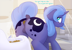 Size: 3100x2160 | Tagged: explicit, grotesque, artist:not_texmex, princess luna, alicorn, alternate version, anatomically correct, anus, ass up, bathroom, blushing, butt, crotchboobs, cute, cute porn, derpibooru exclusive, dialogue, dirty anus, dock, embarrassed, female, fetish, filly, filly luna, floppy ears, foal, foalcon, g4, high res, imported from derpibooru, looking back, nipples, nudity, open mouth, plot, ponut, pony, poop, potty, potty training, puckered asshole, raised tail, scat, solo, solo female, tail, tail aside, teats, toilet, training potty, vulva, woona, younger