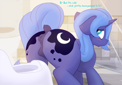 Size: 3100x2160 | Tagged: explicit, artist:not_texmex, princess luna, alicorn, alternate version, anatomically correct, anus, ass up, bathroom, blushing, butt, crotchboobs, cute, cute porn, derpibooru exclusive, dialogue, dock, embarrassed, female, filly, filly luna, floppy ears, foal, foalcon, g4, high res, imported from derpibooru, looking back, nipples, nudity, open mouth, plot, ponut, pony, potty, potty training, puckered asshole, raised tail, solo, solo female, tail, tail aside, teats, toilet, tongue out, training potty, vulva, woona, younger