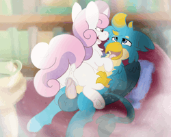 Size: 2500x2000 | Tagged: explicit, artist:euspuche, sweetie belle, animated, anus, butt, cowgirl position, female, filly, foal, foalcon, g4, gallus, gif, griffon, high res, imported from derpibooru, interspecies, library, looking at each other, looking at someone, male, nudity, penetration, penis, plot, ponut, pony, pony on griffon action, sex, ship:gallbelle, shipping, smiling, straight, tongue out, vaginal, vulva