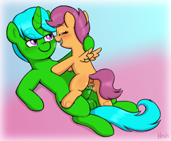 Size: 1640x1356 | Tagged: explicit, artist:heretichesh, scootaloo, oc, oc:green byte, blank flank, blushing, butt, canon x oc, commission, female, filly, filly on stallion, foal, foalcon, g4, gradient background, imported from derpibooru, male, pegasus, penetration, plot, pony, sex, spread wings, stallion, straight, unicorn, vaginal, wingboner, wings