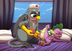 Size: 5000x3582 | Tagged: explicit, artist:dinoalpaka, spike, anal insertion, anal orgasm, anus, assisted masturbation, backwards thermometer, balls, bed, bedwetting, butt, clothed female nude male, cum, cumming, dragon, duo, duo male and female, excessive cum, female, femdom, fetish, foalcon, g4, gabby, griffon, hands free, hat, husband and wife, imported from derpibooru, improvised sex toy, insertion, interspecies, laughing, male, married, nudity, nurse hat, orgasm, penis, presenting, presenting anus, presenting butt, rectal thermometer, rectum, sex, sex toy, ship:spabby, shipping, straight, thermometer, winged spike, wings