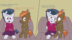 Size: 1600x900 | Tagged: questionable, artist:wanda, button mash, 2 panel comic, bedroom eyes, clothes, colt, colt on colt, comic, couch, crossdressing, earth pony, foal, foalcon, g4, gay, girly, implied anal, implied gay, implied sex, imported from derpibooru, male, no eyelashes, pegasus, pony, pony on pony action, rumble, ship:rumblemash, shipping, teasing