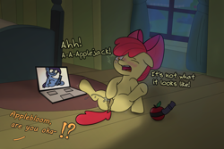 Size: 3000x2000 | Tagged: explicit, artist:mlpfimwhy, apple bloom, adorasexy, anatomically correct, anus, apple, apple bloom's bow, awkward, awkward moment, bedroom, blatant lies, blushing, blushing profusely, bow, butt, caught, clitoral stimulation, clitoris, clopping, computer, cute, dark genitals, dock, earth pony, emanata, embarrassed, escii keyboard, exactly what it looks like, excessive vaginal secretions, exclamation point, exposed, female, female ejaculation, female orgasm, filly, foal, foalcon, funny, funny porn, g4, gasp, genitals, hair bow, high res, horrified, implied applejack, imported from derpibooru, interrobang, it's not what it looks like, laptop computer, masturbation, motion lines, nervous sweat, nudity, offscreen character, one eye closed, one eye open, oops, open mouth, orgasm, panicking, plot, ponut, pony, porn, question mark, sex toy, sexy, shocked, shocked expression, sitting, solo, solo female, spread legs, spreading, squirting, strapon, sweat, sweatdrops, tail, that pony sure does love apples, underhoof, vaginal secretions, vaginal secretions trail, vulva, vulva blush