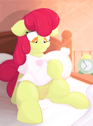 Size: 1592x2160 | Tagged: explicit, artist:not_texmex, apple bloom, alarm clock, alternate version, anatomically correct, anus, bed, bed mane, bedroom, casual nudity, clitoris, clock, clothes, crotchboobs, cute, cute porn, derpibooru exclusive, earth pony, female, filly, foal, foalcon, g4, imported from derpibooru, innocent, looking down, nipples, nudity, panties, pillow, ponut, pony, shirt, sitting on bed, solo, solo female, spread legs, spreading, teats, underwear, vulva, white panties