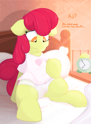 Size: 1592x2160 | Tagged: explicit, artist:not_texmex, apple bloom, alarm clock, alternate version, bed, bed mane, bedroom, blushing, clock, clothes, cute, cute porn, derpibooru exclusive, dialogue, dirty panties, earth pony, estrus, female, filly, foal, foalcon, g4, imported from derpibooru, innocent, looking down, panties, pillow, pony, shirt, sitting on bed, solo, solo female, spread legs, spreading, underwear, vaginal secretion stain, vaginal secretions, wet panties, white panties