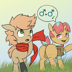 Size: 2048x2048 | Tagged: explicit, artist:multiverseequine, oc, oc:himmel, oc:melon pouf, alternate version, bag, balls, butt, chubby, clothes, colored, colt, colt on colt, derpibooru exclusive, duo, duo male, earth pony, earth pony oc, foal, foalcon, gay, gloves, gradient background, grass, high res, horn, imported from derpibooru, looking back, looking up, male, male symbol, males only, multicolored hair, nudity, oc only, outdoors, plot, pony, raised tail, saddle bag, scarf, short tail, smiling, speech bubble, tail, two toned mane, unicorn, unicorn oc