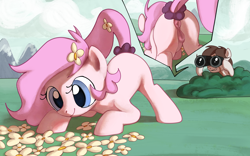Size: 1824x1136 | Tagged: explicit, artist:dotkwa, oc, oc:deary dots, oc:kayla, accidental exposure, anatomically correct, anus, ass up, binoculars, butt, casual nudity, duo, duo female, earth pony, eye clipping through hair, face down ass up, female, filly, flower, flower in hair, flower in tail, foal, foalcon, imported from derpibooru, looking at something, mare, nudity, oc only, plot, ponut, pony, scrunchie, tail, voyeur, voyeurism, vulva