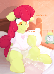 Size: 1592x2160 | Tagged: questionable, artist:not_texmex, apple bloom, accident, accidental wetting, alarm clock, alternate version, bed, bed mane, bedroom, bedwetting, blushing, clock, clothes, derpibooru exclusive, dialogue, earth pony, female, fetish, filly, foal, foalcon, g4, imported from derpibooru, innocent, looking down, panties, pillow, pissing, pony, shirt, sitting on bed, solo, solo female, spread legs, spreading, underwear, urine, watersports, wetting, white panties
