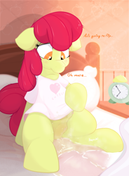 Size: 1592x2160 | Tagged: explicit, artist:not_texmex, apple bloom, accident, accidental wetting, alarm clock, alternate version, anatomically correct, anus, bed, bed mane, bedroom, bedwetting, bottomless, casual nudity, clitoris, clock, clothes, crotchboobs, cute, cute porn, derpibooru exclusive, dialogue, earth pony, female, fetish, filly, foal, foalcon, g4, imported from derpibooru, innocent, looking down, nipples, nudity, partial nudity, pillow, pissing, ponut, pony, shirt, sitting on bed, solo, solo female, spread legs, spreading, teats, urine, vulva, watersports, wetting