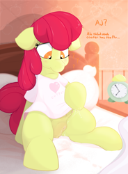 Size: 1592x2160 | Tagged: explicit, artist:not_texmex, apple bloom, alarm clock, alternate version, anatomically correct, anus, bed, bed mane, bedroom, bottomless, casual nudity, clitoris, clock, clothes, confused, crotchboobs, cute, cute porn, derpibooru exclusive, dialogue, earth pony, estrus, female, filly, foal, foalcon, g4, imported from derpibooru, innocent, looking down, nipples, nudity, partial nudity, pillow, ponut, pony, shirt, sitting on bed, solo, solo female, spread legs, spreading, teats, vaginal secretion stain, vaginal secretions, vaginal secretions trail, vulva