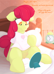 Size: 1592x2160 | Tagged: explicit, artist:not_texmex, apple bloom, alarm clock, anatomically correct, anus, bed, bed mane, bedroom, bottomless, casual nudity, clitoris, clock, clothes, confused, crotchboobs, cute, cute porn, derpibooru exclusive, earth pony, female, filly, foal, foalcon, g4, imported from derpibooru, inner thoughts, innocent, looking down, mirror, nipples, nudity, partial nudity, pillow, ponut, pony, shirt, sitting on bed, solo, solo female, spread legs, spreading, teats, vulva