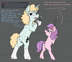 Size: 1383x1197 | Tagged: explicit, semi-grimdark, artist:thebathwaterhero, oc, oc:april showers, oc:zako, anus, butt, chained, chains, cum, duo, earth pony, earth pony oc, female, filly, foal, foalcon, horn, implied rape, implied sex, imported from derpibooru, mare, nudity, oc only, plot, ponut, pony, unicorn, unicorn oc, vulva