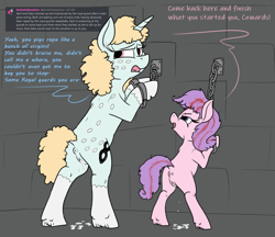 Size: 1383x1197 | Tagged: explicit, semi-grimdark, artist:thebathwaterhero, oc, oc:april showers, oc:zako, aftersex, alternate version, anus, butt, chained, chains, creampie, cum, cum version, duo, earth pony, earth pony oc, female, filly, foal, foalcon, horn, implied rape, implied sex, imported from derpibooru, mare, nudity, oc only, plot, ponut, pony, unicorn, unicorn oc, vaginal creampie, vaginal secretions, vulva
