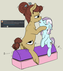 Size: 1371x1554 | Tagged: explicit, artist:thebathwaterhero, oc, oc:cellophane, oc:cold brew, age difference, anus, ask, butt, duo, earth pony, earth pony oc, eyes closed, female, filly, foal, foalcon, hairpin, imported from derpibooru, kissing, lesbian, mare, mare on filly, nudity, oc only, plot, ponut, pony, sex toy, sybian, vaginal secretions, vibrator, vulva