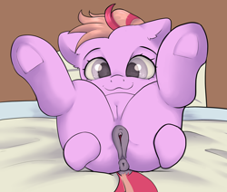 Size: 3000x2545 | Tagged: explicit, artist:dumbwoofer, anus, bed, butt, butt touch, clitoris, crotchboobs, dark genitals, delicious flat crotch, dock, ear fluff, earth pony, female, filly, foal, foalcon, g4, grapefruit squash, high res, hoof on butt, imported from derpibooru, looking at you, nudity, on bed, pillow, plot, pony, presenting, smiling, smiling at you, solo, solo female, spread legs, spreading, tail, teats, underhoof, vulva, vulvar winking