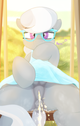 Size: 1368x2160 | Tagged: explicit, artist:not_texmex, silver spoon, alternate version, anatomically correct, anus, blue dress, clitoris, clothes, crotchboobs, derpibooru exclusive, dock, dress, dress lift, earth pony, female, fetish, filly, flashing, foal, foalcon, g4, glasses, imported from derpibooru, looking at you, nudity, outdoors, pissing, pissing on self, ponut, pony, sitting, skirt, smiling, solo, solo female, swing, swing set, tail, teats, upskirt, urine, vulva, watersports