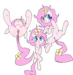 Size: 1080x1114 | Tagged: explicit, artist:php197, oc, oc:kayla, anatomically correct, anus, blushing, butt, earth pony, female, filly, flower, flower in hair, flower in tail, foal, foalcon, hooves, imported from derpibooru, looking up, nudity, oc only, plot, ponut, pony, presenting, raised hoof, simple background, sleeping, solo, solo female, tail, vaginal secretions, vulva