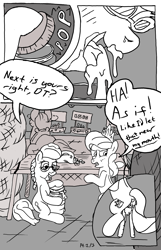Size: 1800x2800 | Tagged: explicit, artist:gollygosh, diamond tiara, silver spoon, art pack:fillycon, comic:kiss me, afterglow, big macintosh, bits, blushing, butt, buttplug, comic, convention, crown, cum, cum in mouth, cum jar, dialogue, foal, foalcon, g4, imported from derpibooru, jar, jewelry, kissing booth, onomatopoeia, oral, partial color, plot, regalia, sex, sex toy, soft color, stool, vaginal secretions