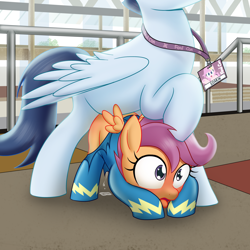 Size: 1440x1440 | Tagged: explicit, artist:horsepen, scootaloo, art pack:fillycon, age difference, assisted exposure, baltimore convention center, clothes, convention, cosplay, costume, exhibitionism, female, filly, foal, foalcon, from behind, g4, imported from derpibooru, male, nudity, part of a set, pegasus, penetration, pony, public sex, sex, soarin', stallion, stallion on filly, straight, uniform, vaginal, vaginal secretions, wardrobe malfunction, wingding eyes, wonderbolts uniform