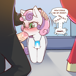 Size: 1500x1500 | Tagged: explicit, artist:cold-blooded-twilight, sweetie belle, art pack:fillycon, art pack, big macintosh, blowjob, blushing, dialogue, drool, female, filly, foal, foalcon, g4, group sex, holding head, horn, human, human male, human male on filly, human on pony action, imported from derpibooru, interspecies, male, mmf threesome, nudity, oral, penis, pony, sex, size difference, straight, threesome, unicorn, unshorn fetlocks