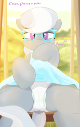 Size: 1368x2160 | Tagged: explicit, artist:not_texmex, silver spoon, alternate version, blue dress, cameltoe, clothes, derpibooru exclusive, dock, dress, dress lift, earth pony, estrus, female, filly, flashing, foal, foalcon, frilly underwear, g4, glasses, imported from derpibooru, looking at you, outdoors, panties, pantyliner, pony, presenting, sitting, skirt, smiling, solo, solo female, swing, swing set, tail, underwear, upskirt, vaginal secretions, white panties