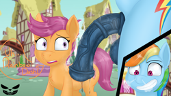 Size: 3840x2160 | Tagged: explicit, artist:pepperbun, rainbow dash, scootaloo, balls, big penis, concerned, dripping precum, ear fluff, excited, female, filly, foal, foalcon, futa, futa on female, futa on filly, futa rainbow dash, g4, genitals, high res, imminent rape, imminent sex, imported from derpibooru, intersex, mare, medial ring, musk, nudity, part of a set, pegasus, penis, pony, precum, ship:scootadash, shipping
