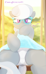 Size: 1368x2160 | Tagged: questionable, artist:not_texmex, silver spoon, alternate version, anus cameltoe, anus outline, blue dress, cameltoe, clothes, derpibooru exclusive, dock, dress, dress lift, earth pony, female, filly, flashing, foal, foalcon, frilly underwear, g4, glasses, imported from derpibooru, innuendo, looking at you, outdoors, panties, pony, presenting, sitting, skirt, smiling, solo, solo female, swing, swing set, tail, underwear, upskirt, vulva outline, white panties