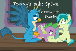 Size: 4443x3000 | Tagged: explicit, artist:don't mind me, spike, anal, balls, chalkboard, derpibooru exclusive, dragon, earth pony, foalcon, g4, gallus, gay, griffon, group sex, horsecock, imported from derpibooru, licking, licking cock, long tongue, male, nudity, oral, penetration, penis, pony, precum, reverse foalcon, sandbar, sex, sex education, ship:gallspike, ship:sandspike, shipping, show accurate, show accurate porn, size difference, spitroast, threesome, tongue out, winged spike, wings