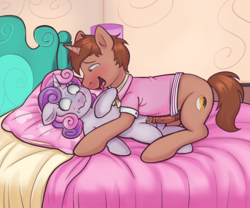 Size: 3000x2500 | Tagged: explicit, artist:zigmeow, sweetie belle, oc, oc:heroic armour, age difference, bed, blushing, canon x oc, clothes, dubious consent, duo, erection, female, filly, foal, foalcon, g4, high res, horsecock, imminent penetration, imminent rape, imminent sex, imported from derpibooru, lying down, male, nervous, nudity, on back, on bed, penis, pony, precum, smiling, stallion, stallion on filly, straight, unicorn