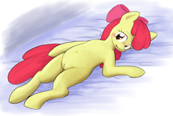 Size: 2277x1528 | Tagged: explicit, artist:seidouryu, apple bloom, belly button, blushing, casual nudity, earth pony, female, filly, foal, foalcon, g4, human vulva on pony, imported from derpibooru, looking at you, lying down, nudity, on back, pony, ribbon, solo, solo female, vulva