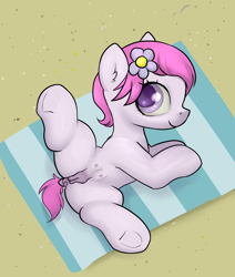 Size: 2200x2600 | Tagged: explicit, artist:dumbwoofer, anatomically correct, anus, beach, beach towel, bedroom eyes, butt, crotchboobs, dark genitals, delicious flat crotch, dock, ear fluff, earth pony, female, filly, flower, flower in hair, foal, foalcon, g5, high res, imported from derpibooru, looking at you, lying down, nipples, nudity, plot, pony, presenting, presenting anus, presenting butt, presenting crotchboobs, presenting pussy, raised tail, sand, smiling, smiling at you, solo, solo female, spread legs, spreading, tail, tail aside, teats, underhoof, unnamed character, unnamed pony, vulva