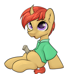 Size: 1906x2093 | Tagged: explicit, artist:dumbwoofer, blank flank, cinnamon tea, clothes, colt, curved horn, ear fluff, erection, foal, foalcon, g4, horn, imported from derpibooru, looking at you, male, medial ring, nudity, open mouth, penis, pony, reasonably sized genitals, reasonably sized penis, shirt, simple background, sitting, solo, transparent background, unicorn