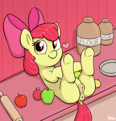 Size: 1776x1842 | Tagged: explicit, artist:heretichesh, apple bloom, adorabloom, adorasexy, anus, apple, bow, butt, cute, cute porn, dark genitals, dock, earth pony, female, filly, flour, foal, foalcon, food, g4, hair bow, heart, imported from derpibooru, kitchen, looking at you, lying down, nudity, on back, plot, pony, presenting, rolling pin, sexy, smiling, smiling at you, solo, solo female, sugar (food), tail, underhoof, vulva