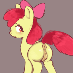 Size: 2048x2048 | Tagged: explicit, artist:transhota, apple bloom, anus, aside glance, blushing, brown background, butt, earth pony, female, filly, foal, foalcon, g4, high res, imported from derpibooru, looking at you, nudity, plot, pony, simple background, solo, solo female, vulva