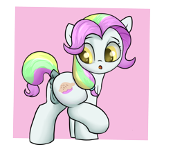 Size: 2600x2200 | Tagged: explicit, artist:dumbwoofer, anus, butt, coconut cream, dark genitals, dock, earth pony, female, filly, foal, foalcon, food, g4, high res, imported from derpibooru, looking back, nudity, open mouth, pie, plot, pony, raised hoof, simple background, solo, solo female, tail, transparent background, vulva