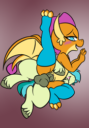 Size: 1668x2388 | Tagged: explicit, artist:steelsoul, balls, blushing, clitoris, clothes, dragon, earth pony, female, foalcon, g4, gradient background, heart, heart eyes, horsecock, imported from derpibooru, interspecies, male, nudity, penetration, penis, pony, sandbar, sex, ship:smolbar, shipping, smolder, socks, stallion, straight, vaginal, wingding eyes