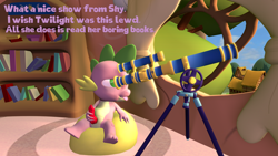 Size: 3840x2160 | Tagged: explicit, artist:olkategrin, spike, comic:a breezy nut for flutterbutt, comic:no moaning in the library, 3d, baby, baby dragon, book, bookshelf, comic, dialogue, dragon, english, erection, foalcon, g4, golden oaks library, handjob, high res, imported from derpibooru, lidded eyes, male, masturbation, mountain, nudity, penis, room, solo, solo male, source filmmaker, telescope, text, tongue out, tree, window