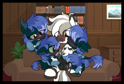Size: 2500x1701 | Tagged: explicit, artist:sherathoz, oc, oc:ajali goodfellow, oc:linglet, age difference, blowjob, commission, female, filly, filly on stallion, foal, foalcon, group sex, horsecock, imported from derpibooru, living room, male, nudity, oc only, oc x oc, oral, penis, pony, selfcest, sex, shipping, stallion, stallion on filly, straight