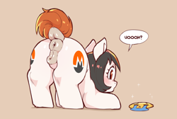 Size: 1440x967 | Tagged: explicit, artist:cold-blooded-twilight, oc, oc:monero, art pack:fillycon, anatomically correct, anus, art pack, bent over, both cutie marks, butt, crying, dialogue, dock, earth pony, female, filly, foal, foalcon, imported from derpibooru, large ponut, meme, nudity, oc only, plot, ponut, pony, presenting, solo, solo female, speech bubble, tail, text, uohhhhhhhhh!, vulva, 😭
