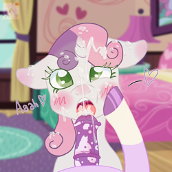 Size: 1400x1400 | Tagged: explicit, artist:fillysilly, sweetie belle, oc, oc:lustfull desiree, alicorn, alternate character, alternate version, bedroom, blowjob, blushing, cum, cum in mouth, cum on body, cum on hair, cum on horn, cum string, cumming, derpibooru exclusive, digital art, facial, female, filly, foal, foalcon, futa, futa oc, futa on female, futa on filly, g4, holding cheek, horn, horsecock, imported from derpibooru, intersex, looking at you, markings, nudity, open mouth, oral, penis, pony, ponysona, sex, shiny hooves, squishy cheeks, tongue out, unicorn