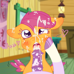 Size: 1400x1400 | Tagged: explicit, artist:fillysilly, scootaloo, oc, oc:lustfull desiree, alicorn, alternate character, alternate version, blowjob, blushing, clubhouse, clubhouse sex, cum, cum in mouth, cum on body, cum on hair, cum on wings, cum string, cumming, derpibooru exclusive, digital art, facial, female, filly, foal, foalcon, futa, futa oc, futa on female, futa on filly, g4, holding cheek, horsecock, imported from derpibooru, intersex, looking at you, markings, nudity, open mouth, oral, pegasus, penis, pony, ponysona, sex, shiny hooves, squishy, tongue out, wings
