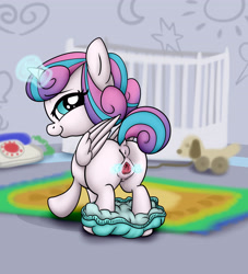 Size: 4000x4400 | Tagged: explicit, artist:littlenaughtypony, princess flurry heart, alicorn, anus, babycon, butt, diaper, diaper pulled down, female, filly, foal, foalcon, g4, imported from derpibooru, looking at you, looking back, looking back at you, magic, magical spreading, nudity, plot, pony, presenting, she wants the d, smiling, solo, solo female, spread pussy, spreading, vagina, vaginal secretions, vulva