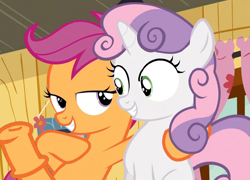 Size: 1096x788 | Tagged: explicit, scootaloo, sweetie belle, big penis, edit, edited screencap, female, filly, foal, foalcon, futa, futa edit, futa filly, futa scootaloo, g4, grin, imminent sex, imported from derpibooru, intersex, lidded eyes, looking at each other, looking at someone, my little pony: friendship is magic, nudity, pegasus, penis, pony, screencap, ship:scootabelle, shipping, sleepless in ponyville, smiling, unicorn