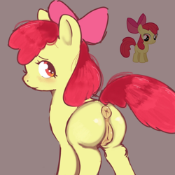 Size: 1440x1440 | Tagged: explicit, artist:fillyfilth, apple bloom, anus, blushing, butt, earth pony, female, filly, foal, foalcon, g4, imported from derpibooru, looking at you, looking back, looking back at you, nudity, plot, pony, simple background, solo, solo female, vulva