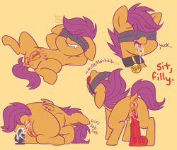 Size: 2850x2432 | Tagged: explicit, artist:feralkittyclawz, scootaloo, after masturbation, anal insertion, anus, areola, ballgag, blindfold, butt, buttplug, clitoris, collar, crotchboobs, crying, cum, cum on tongue, dildo, dildo sitting, disgusted, dock, female, filly, foal, foalcon, g4, gag, gaping, gaping anus, high res, hooves behind head, horsecock dildo, imported from derpibooru, insertion, nipples, nudity, offscreen character, pegasus, pet tag, plot, ponut, pony, rear view, sex toy, signature, simple background, solo, solo female, spread legs, spreading, tail, teats, tongue out, vaginal insertion, vaginal secretions, vulva, wings