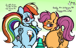 Size: 2394x1536 | Tagged: explicit, artist:johrnyreport, rainbow dash, scootaloo, anatomically correct, blushing, butt, clitoris, crotchboobs, dock, estrus, foalcon, g4, horsecock, imported from derpibooru, insult, looking at you, looking back, looking back at you, male, male pov, nipples, nudity, offscreen character, offscreen male, penis, plot, pony, pov, rainbutt dash, scootabutt, tail, teats, vaginal secretions, vulgar, vulva, vulvar winking, zephyr breeze