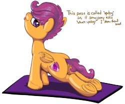 Size: 3277x2720 | Tagged: explicit, artist:ponypeon, scootaloo, anatomically correct, anus, butt, dialogue, dock, female, filly, foal, foalcon, g4, high res, imported from derpibooru, looking at you, looking back, looking back at you, nudity, pegasus, plot, ponut, pony, scootabutt, simple background, solo, solo female, tail, talking to viewer, text, transparent background, vulva, yoga mat