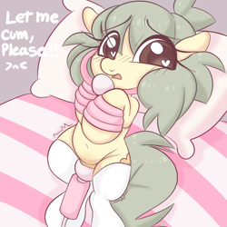 Size: 2000x2000 | Tagged: explicit, artist:mushy, oc, oc:pea, ballgag, bed, begging, belly button, blushing, bondage, clothes, earth pony, edging, emanata, female, filly, foal, foalcon, gag, heart, heart eyes, high res, hitachi wand, imported from derpibooru, legwear, oc only, pony, rope, rope bondage, sex toy, shaking, socks, solo, solo female, thigh highs, tied up, vibrator, wingding eyes, worried